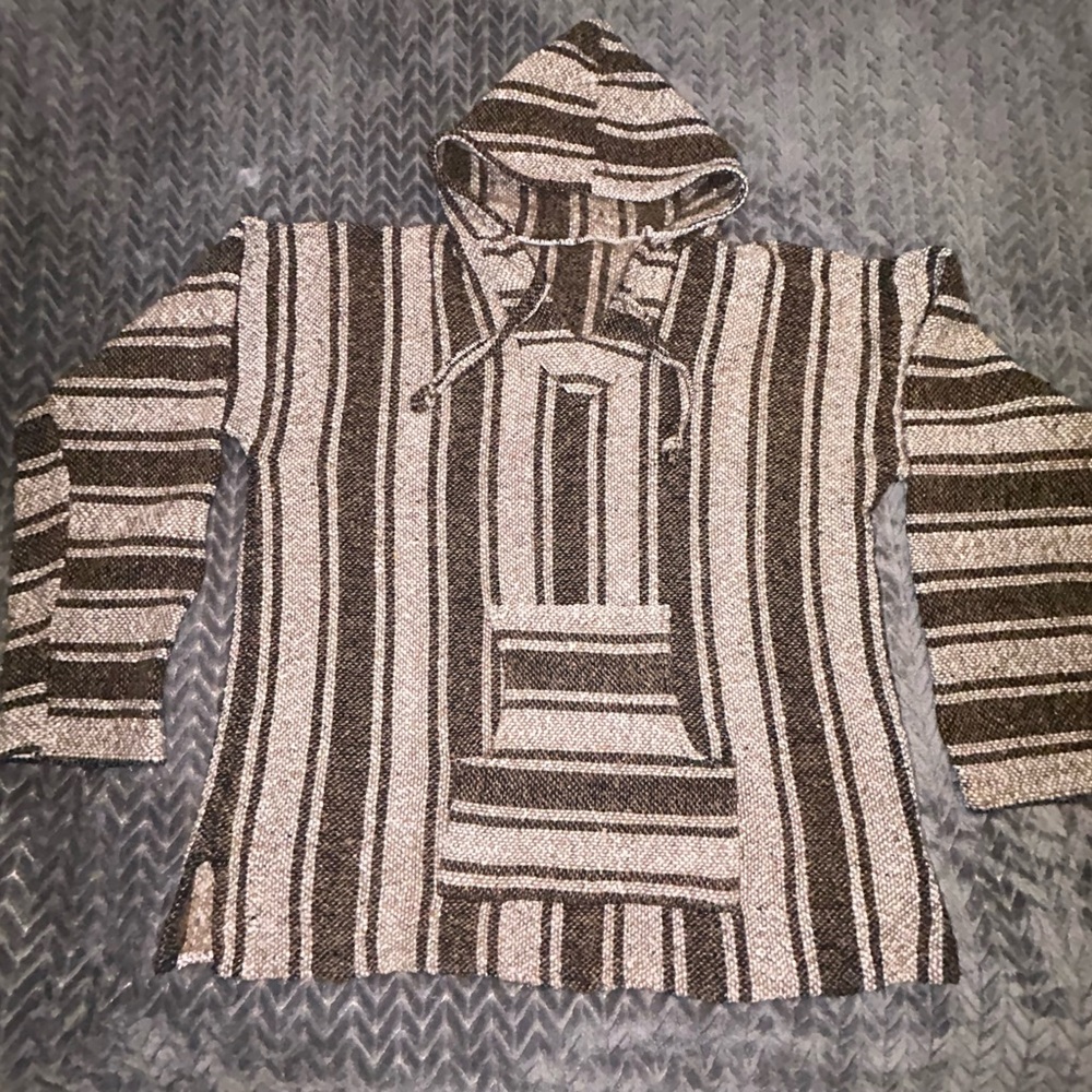 Striped Hooded Baja Pullover Parka in Brown and Cream